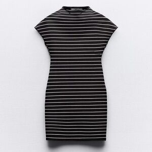 ZARA Black Dress with White Stripes - Fitted Midi